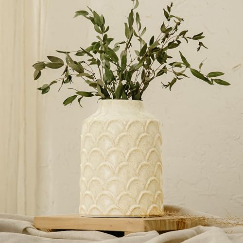 Ceramic Flower Vase, 7.28” Rustic Farmhouse Decorative Vase for Home Decor, Beige Textured Pottery Vase for Pampas Grass, Living Room, Entryway, Mantel, Kitchen Table, Centerpiece - color: 201-white