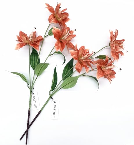 Artificial Lily Flowers, Vintage Fake Silk Flower Long Stems Stargazer Lilies Real Touch Faux Plants Stem Tiger Bouquets for Home Decor Indoor Outdoor Wedding Party Floral DIY Decorations Brown 4 Pack - color: Lily Flowers - Brown 4 Pcs