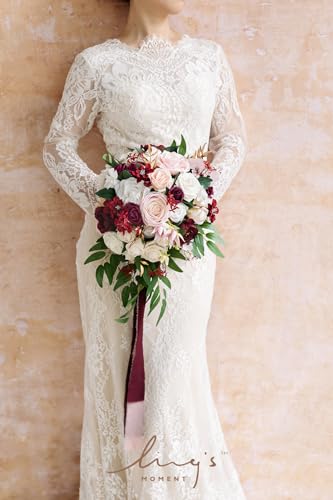 Ling's moment Wedding Artificial Flowers Package, Bridal Bouquet, Bridesmaid Bouquets, Boutonniere for Men, Rose Petals.Burgundy Blush - color: Red-burgundy & Blush
