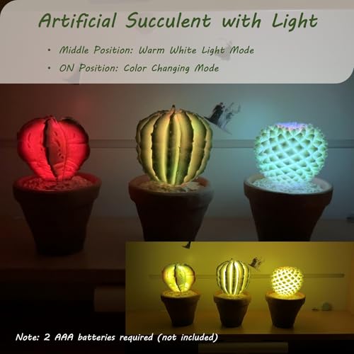 bellacat Fake Succulents with Warm White & Color Changing Lights, 6.7in Lifelike Artificial Succulent Plants, Faux Succulents Light Up Plants for Desk Shelf Living Room Bedroom Decor, Set of 3 Shape - color: Succulent B-3.6in Pot
