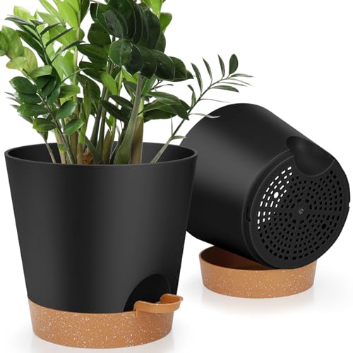 YNNICO 8-Inch Plant Pots, Self-Watering Planters with Drainage Holes & Saucers for Indoor and Outdoor Plants (2-Pack,Black) - color: Black, size: 8 inch