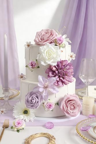 rongflower Artificial Flowers Box Silk Flowers Fake Rose for DIY Wedding Bridal Bouquet, Centerpieces, Home Decor, Floral Arrangement Decor (White Purple) - color: White Purple