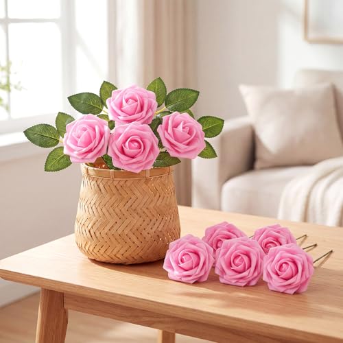 100 Pcs Artificial Foam Rose Flower Faux Bouquet Wedding Fake Rose Gift for Mother's Day Women DIY Bridal Shower Party Table Birthday Home Spring Decor (Bright Pink) - color: Bright Pink