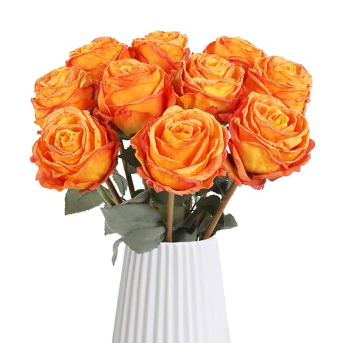 IPOPU 10PCS Orange Roses Artificial Flowers Vintage Silk Fake Flower Bouquet Faux Roses with Long Stems for Wedding Bouquet Table Centerpiece Home Party Decor(Orange) - color: Orange