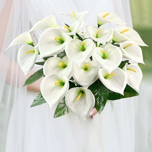 SNAIL GARDEN 18 Blooms Artificial Calla Lilies with Leaves, 22in/56cm Fake Flowers for Wedding Bouquet with Rotatable Flower Heads, White Artificial Flowers for Centerpiece, Home Décor