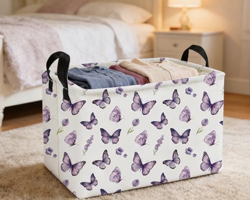 Essme Rectangular Kids Baskets,Butterfly Storage Box,Cute Basket for Kids with Handles for Room Decor, Book Bins.(Purple butterfly) - color: Purple butterfly