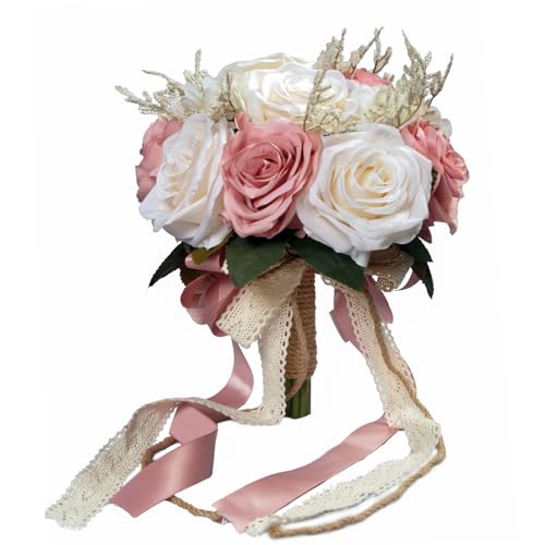 LEIFENY Wedding Bouquets for Bride, Champagne White & Pink Bridal Bridesmaid Wedding Flowers, Artificial Toss Rose for Civil Ceremony (Jute Rope Handle) - color: Champagne White & Pink