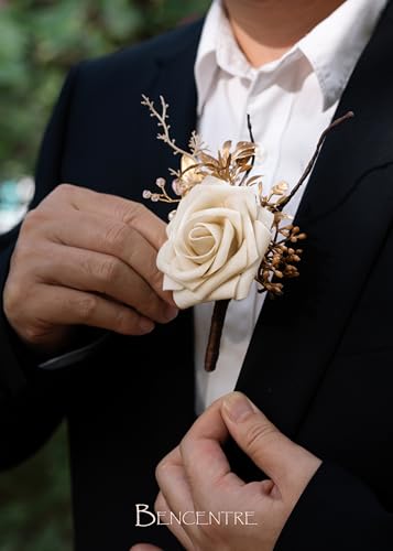 Beige&Gold Boutonniere for Men,Prom boutonnieres,Groom and Groomsmen Boutonniere for Wedding Ceremony Anniversary, Formal Dinner Party and Grad Night (Set of 6) - color: Beige&gold, size: set of 6