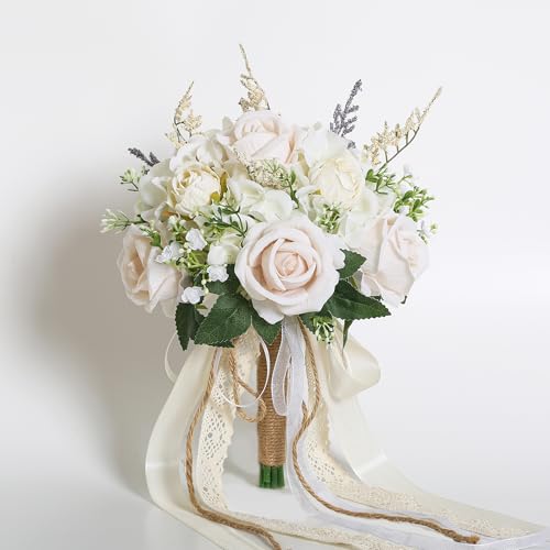 Wedding Bouquets for Bride Bridesmaid, White Champagne Artificial Roses Flowers with Ribbon Bow for Wedding Prom Church Decoration, Ceremony, Anniversary (8in)
