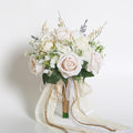 Wedding Bouquets for Bride Bridesmaid, White Champagne Artificial Roses Flowers with Ribbon Bow for Wedding Prom Church Decoration, Ceremony, Anniversary (8in)