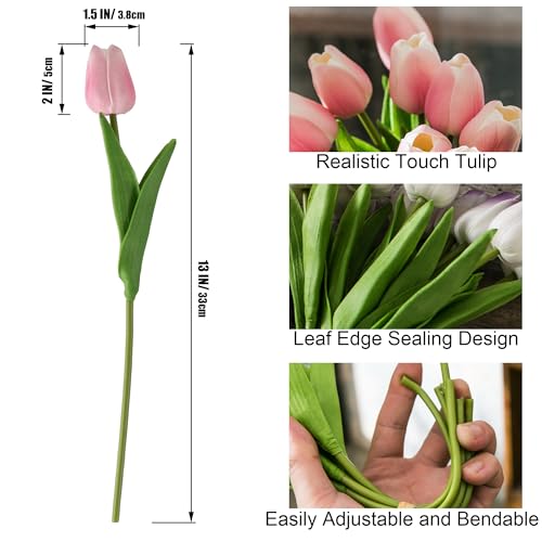 Tanvecle 20pcs Pink and White Artificial Tulip Flowers, Silk Fake Flowers 13" for Mother's Day, Easter, Valentine’s Day Gifts in Bulk, Home, Kitchen, Wedding Decorations - color: Pink-white