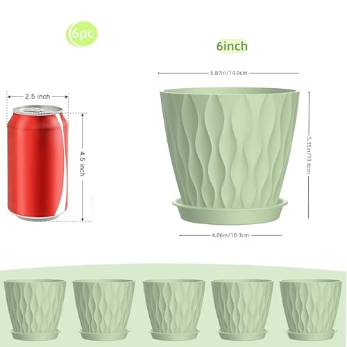 6 Inch Plant Pots, 6 Pack Indoor Flower Pots, Planters with Drainage Holes and Trays for Orchids, Violets, Succulents, Herbs, and Other Plants,Green - color: Green, size: 6inch