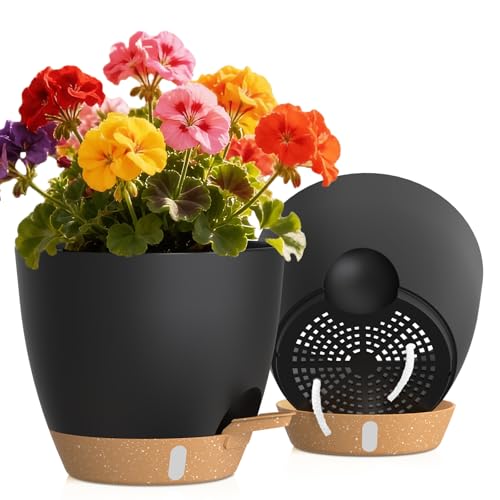 Self Watering Pots with Drainage Holes, 2 Pack 8 Inch Plant Pots with Water Level Indicator Deep Reservoir, Large Plastic Planter for Indoor Outdoor Plants - Black Brown - color: Black Brown, size: 8 Inch 2 Pack