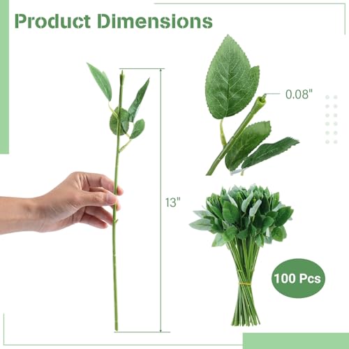 100 Pcs Rose Stems with Leaves & 100 Pcs Flower Calyxes Set, Fake Flower Stems Artificial Flower Sepals, Floral Arrangement Supplies, DIY Artificial Flowers Tools for Bouquet Wedding Party - color: 100pcs