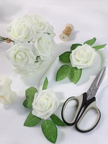Artificial Flowers 25 Pack Ivory Ivory White Faux Foam Roses with Stems, Real Looking Fake Rose for DIY Wedding Bouquets, Bridal Shower Centerpieces, Party Table Decorations, Home Decor - color: Ivory White, size: 25Pcs