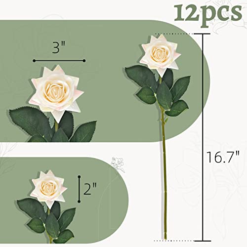 ZMZQ&flw Artificial Flowers Champagne Roses 12PCS, Real Touch Silk Flowers, Realistic Single Fake Flower with Individual Stems Leaves - color: Light Yellow 12pcs