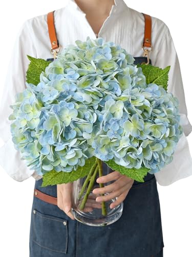 JINWOE Light Blue Artificial Hydrangea Flowers, 3Pcs 21" Latex Real Touch Flowers, Faux Silk Flowers Fake Hydrangeas with Stems for Bouquet Table Centerpieces Halloween - color: Light Blue, size: 3pcs