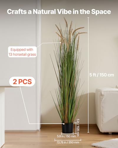 VEVOR Artificial Grass Plant, 2 Pack 59 inch Horsetail Reed Grass in Pot, Premium PVC Faux Fake Greenery Shrubs Plant for Indoor Outdoor House Home Garden Office Room Décor, Housewarming, Green - color: Horsetail Grass, size: 5FT