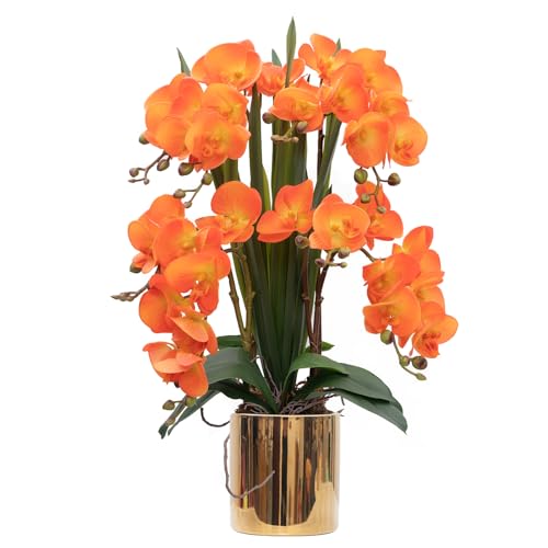CXGS Artificial Orchid Flower Plants Real Touch Faux Orchids in Ceramic Vase 20.9'' Orange Phalaenopsis Orchid Fake Flower Arrangement Home Indoor Decor - color: Orange- Golden(12cm)