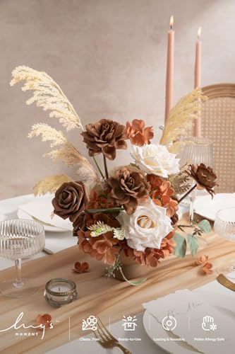 Ling's moment Artificial Flowers Fake Silk Hydrangea Faux Gardenia Foam Roses Combo for DIY Wedding Centerpieces Arrangement Bridal Shower Party Home Decoration, Earth Brown & Tawny Beige, 31pcs - color: Brn-earth Brown & Tawny Beige