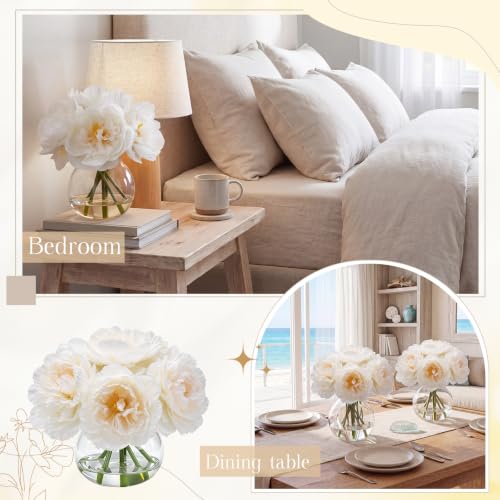 Zeyune 2 Pack Peonies Artificial Flowers with Vase Faux Peonies Flowers Fake Silk Peony with Faux Water for Home Table Centerpieces Wedding Baby Shower Birthday Party Decoration (White) - color: White, style: Peonies