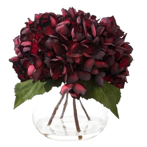 Burgundy Artificial Hydrangea Flowers with Glass Vase, Faux Floral Arrangements with Fake Water, Lifelike Hydrangeas Table Centerpieces for Dining Room, Coffee Table, Bathroom Decor - color: D-burgundy