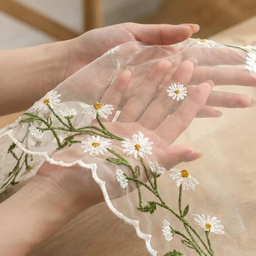 Artoid Mode Daisy Floral Beige Apricot Shaped Gauze Embroidery Table Runner 120 Inch 10FT, Tulle Spring Summer Kitchen Dining Table Decor for Home Party - color: Beige Apricot