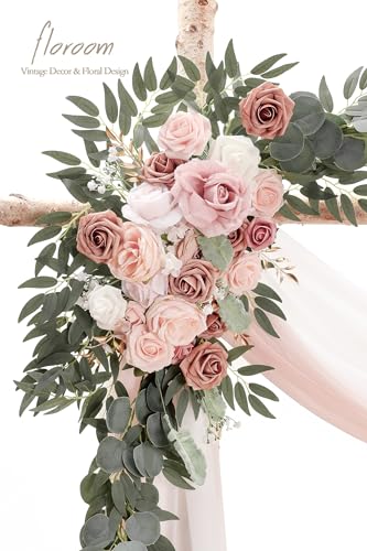 Floroom Arch Flowers with Drapes Kit (Pack of 4) - 2pcs Artificial Dusty Rose & Blush Floral Swag Arrangement with 2pcs Draping Fabric for Wedding Ceremony Arbor and Reception Backdrop Decoration - color: Dusty Rose