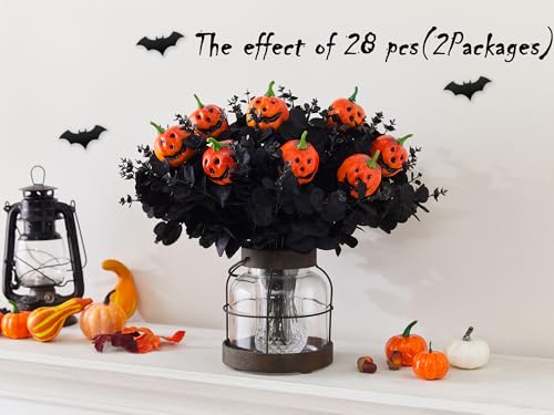 SITUMEIZI 14PCS Black Halloween Flowers Pumpkin Decorations Indoor Black Artificial Flower Fake Eucalyptus Branches Stems Halloween Table Centerpieces Decor - color: Black-pumpkin