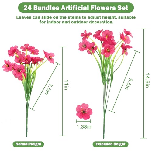 Nepfaivy Artificial Flowers for Outdoors Fuchsia - 24 Bundles UV-Resistant Fake Flowers No Fade for Outside, Realistic Plastic Plants and Faux Silk Flowers for Planters, Front Porch, Garden Decoration - color: Fuchsia