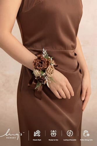 Ling's moment 2pcs Prom Wrist/Shoulder Corsage Artificial Flower, Girl/Mother Homecoming/Wedding Corsage Wristlet Décor, etc. Walnut Brown Golden Glove - color: Brn-walnut Brown & Golden Glove