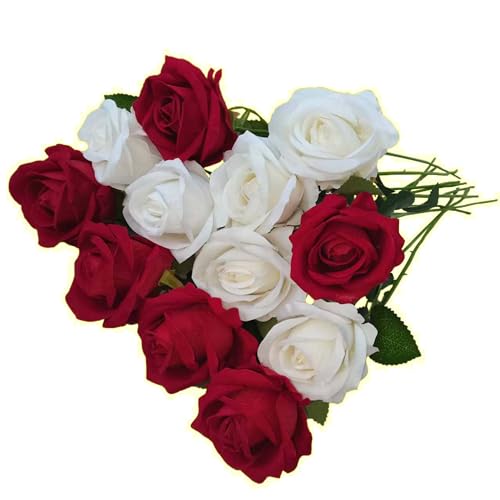 12PCS Artificial Realistic Silk Fake White Red Mixed Roses Long Stem | 2 Colors Mixed Roses For Wedding Decoration, Party Table Decoration, Valentines Mother's Day - color: 6 Red /6 White