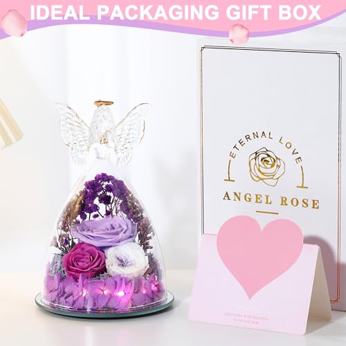 Mothers Day Rose Gifts for Women Preserved Real Flower in Glass Angel Figurines Roses for Delivery Prime Birthday Gifts for Mom Grandma Girlfriend Wife Her, Light Purple Austin Roses - color: Light Purple With Austin Roses