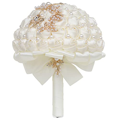 Sharebeauty 7.1 Inch Handmade Satin Rose Bridal Bouquet Toss Round Wedding Bouquet Throw Toss Artificial Flower Bunch Ivory - color: W322g12 Ivory, size: 7.1 inches / 18 cm