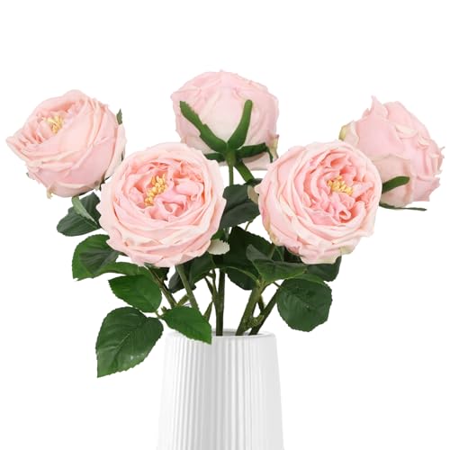 IPOPU Real Touch Rose Artificial Flowers 5PCS Faux Pink Peonies Realistic Roses with Stem for Wedding Bouquet Party Home Decor (Pink) - color: Pink