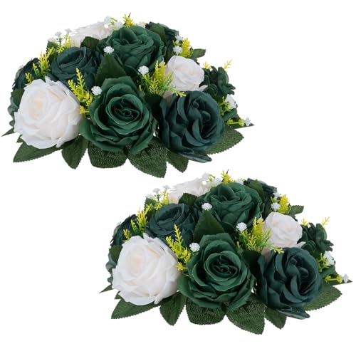 NUPTIO Green Flower Ball Centerpieces: Artificial Rose Arrangements for Wedding Party Tables Decorations - 2 Pcs Fake Silk Floral Kissing Balls for Home St Patrick's Day Christmas Event Dining - color: Forest Green & Hunter Green & Ivory, size: 2 Pcs