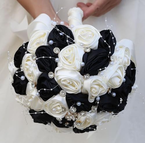 Ujicde Romantic Wedding Bouquet Bridal Bridesmaid Round Bling Brooch Bouquet Throw Toss Artificial Rose Flower Bunch with Sparkle Rhinestone Crystal Decoration(Black+Ivory,Dia. 6.3"*16cm) - color: Black+ivory, size: Dia. 6.3"*16cm