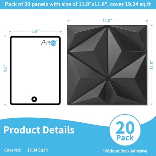 Art3d 20 Pack Decorative 3D Wall Panels, 19 Sq.Feet PVC Interior Wall Décor for TV Background, Bedroom, Living Room, 11.8"x11.8", Black - color: Jet Black, size: 11.8"x11.8"