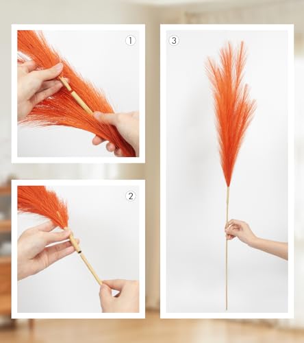 9 Pcs 45" Tall Pampas Grass Orange Decor, Long Stem Artificial Flower Floor Vase Large Faux Floral Pompas Fake Plants Dried Bouquet Arrangement Vase Filler for Boho Home Wedding Decoration - color: 9 Pcs 45" Orange Style