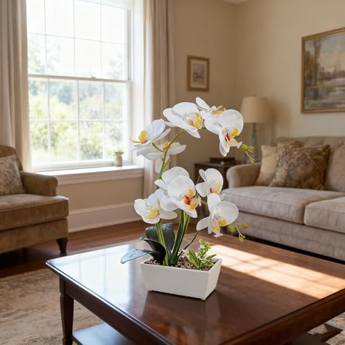 Fake Orchid Realistic Artificial Flowers Real Touch White Orchid Fake Potted Plants For Home Decor Indoor Phalaenopsis Orchids Centerpiece Flower Arrangement Table Decorations For Dining Room Bathroom - color: White With Yellow Cente