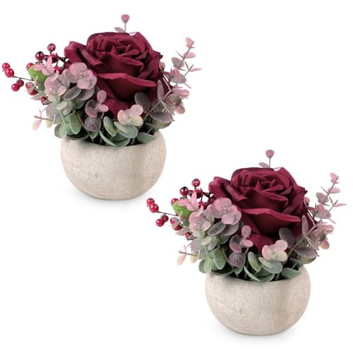2 Pack Artificial Flowers with Pot, Silk Burgundy Rose Potted Plants Faux Flowers in Vase Small Plants Table Centerpiece Home Office Desk Shelves Living Room Floral Decorations - color: 2 Pack Burgundy Rose