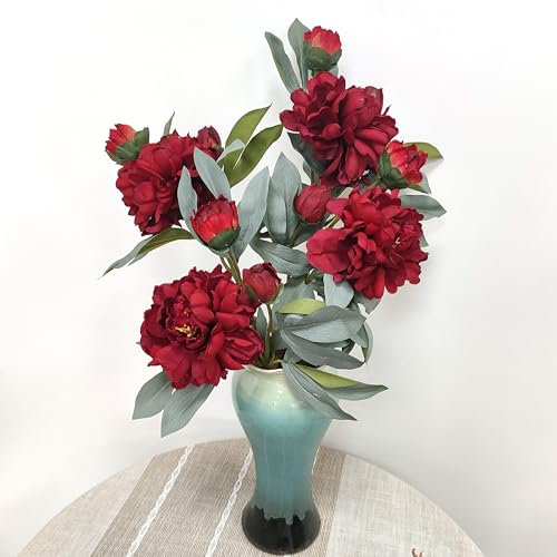 Peonies Artificial Flowers,4 Pcs Fake Silk Peonies with Stems Real Look,Peony Bush for Home Decor (4, red) - color: Red