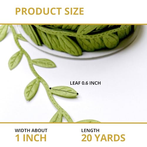 Leaf Ribbon 20 Yard Fabric Ribbons Roll Green Leaf Tape 1" Width Artificial Olive Trim Tape for Gift Wrapping Craft DIY - size: 20 Yards