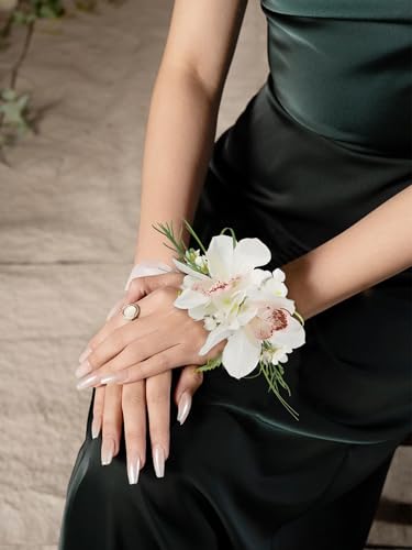 Rinlong 2Pcs White Orchid Wrist Corsage for Wedding, Prom, Homecoming | Bridesmaid Wristlet, Mother of the Bride Flower Corsage - color: 07-boat Orchid