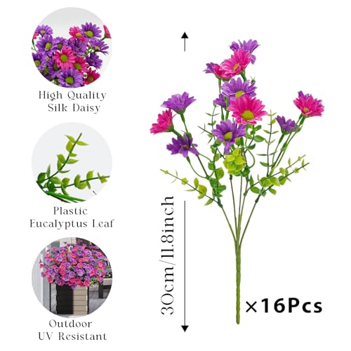16 Bundles Silk Daisy Artificial Flowers for Outdoors UV Resistant Fake Daisies Plastic Plants Flower for Home Outside Front Door Porch Garden Patio Planters Decoration (Double Purple) - color: Double Purple