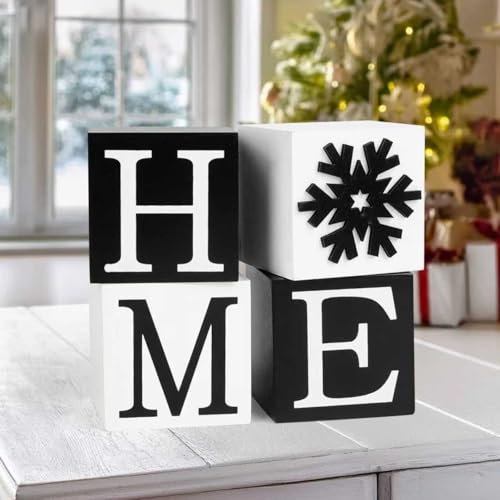 nuvagiki Christmas Winter Tiered Tray Decor, Home Sign Decor, Black and White Wooden Snowflakes Block Sign, Rustic Farmhouse Winter Living Room Table Decorations Wooden Home Indoor - color: Black