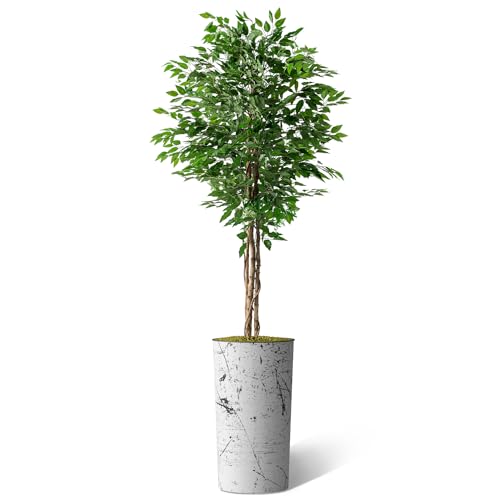 Artificial Tree in Abstract Ink Planter, Fake Ficus Silk Tree for Indoor and Outdoor Home Decoration - 75" Overall Tall (Plant Pot Plus Tree) - style: Ficus Tree