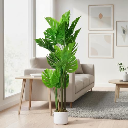 3.6FT Artificial Monstera Deliciosa Plant in White Tall Planter, 43"H Fake Decorative Evergreen Potted Swiss Cheese Floor Tree, Indoor Faux Tropical Plants for Living Room Porch Entryway Office Decor