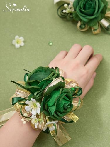 Serwalin Green Prom Corsage and Boutonniere Set, Artificial Calla Lily & Rose Wrist Corsage Wristlet for Homecoming, Formal Dance, Wedding Flower Accessories Suit Decorations - color: Green