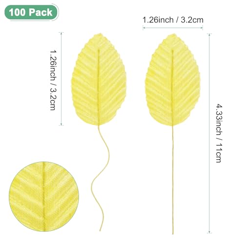 M METERXITY 100-Pack Artificial Silk Leaf, Faux Wire Single Leaves, Fake Flower Leaf with Stem for DIY Bouquet/Wreaths/Wedding/Garland/Party Decorations, Fake Rose Craft Leaves [Yellow] - color: Yellow